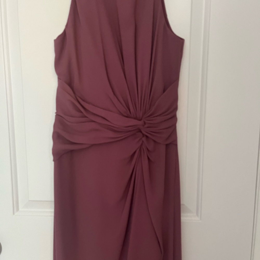 Dark mauve evening gown front slit with ruffle